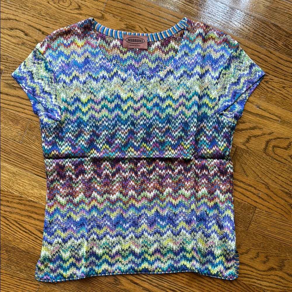 Missoni Multicolor Zigzag Short Sleeve Top - Blue, Purple, Green, Yellow